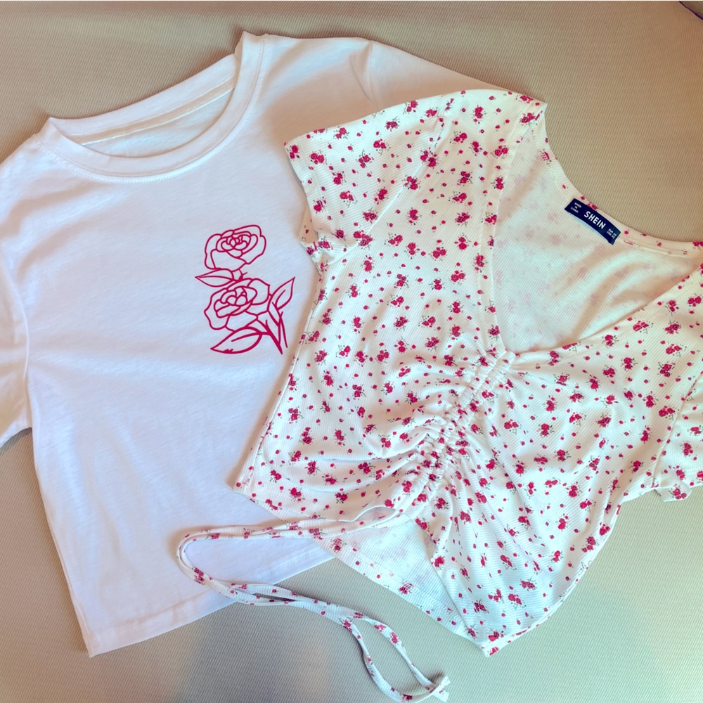 2 SHEIN Red Rose Floral Crop Tops NWOT